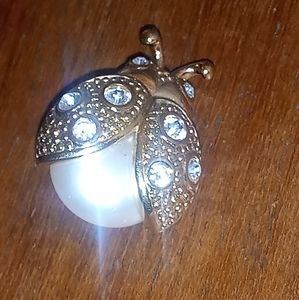Swarovski Crystal and Coin Pearl Ladybug Brooch